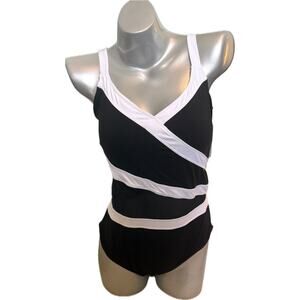 Anne Cole Womens One Piece Swimsuit Plus Size 18W Black White Mesh Panel NEW